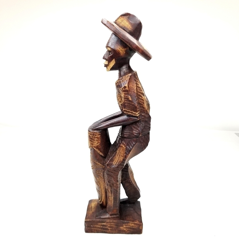 Folk Art Handcarved Wooden Man with Hat and Drum, Drummer Figurine Sculpture